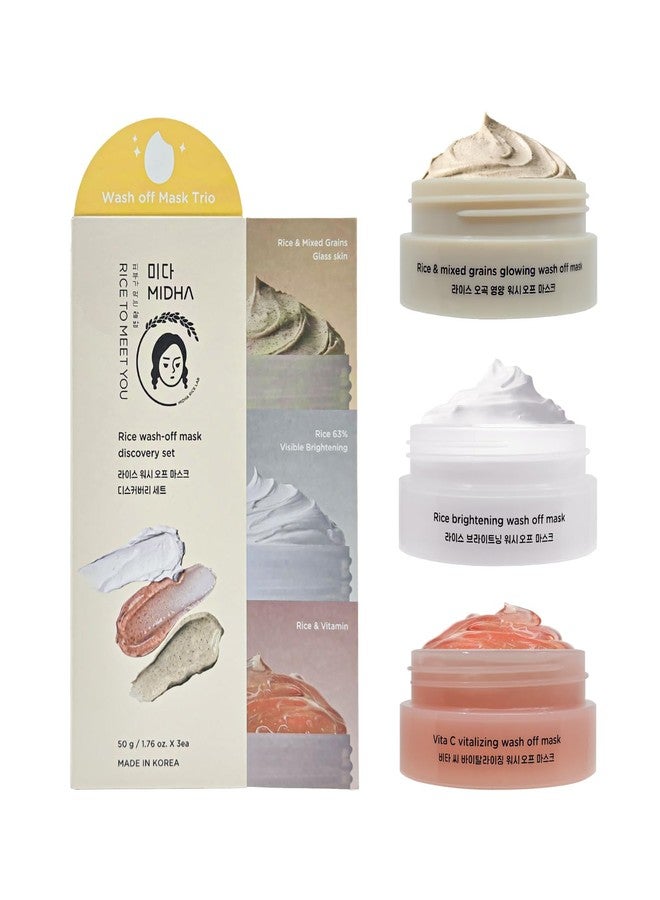 MIDHA RICE WASHOFF MASK DISCOVERY SET, 1.76oz x 3/50g, Dull Skin Care, Hydrating and Soothing, Pore Refining Treatment, Vitamin C face mask, Skincare for Travel, Mini Skincare Kit, 3-in-1 Set - Image 1